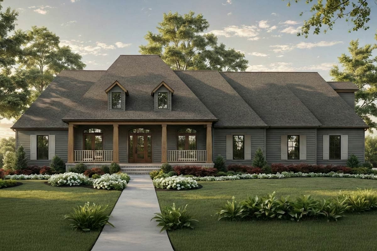 A large, two-story house with a wraparound porch and gray siding sits on a well-manicured lawn with a concrete path.