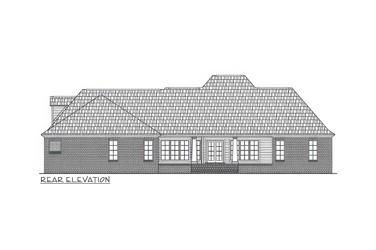 Rear elevation drawing of a brick house with multiple gables, a central covered porch, and numerous windows.