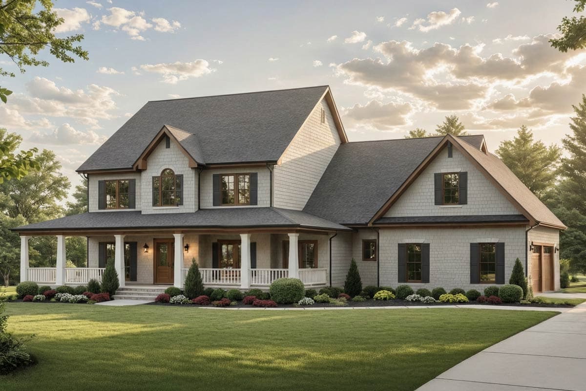 A two-story house with a wraparound porch and landscaped yard under a cloudy sky. The house features a gray shingled exterior and dark shutters.