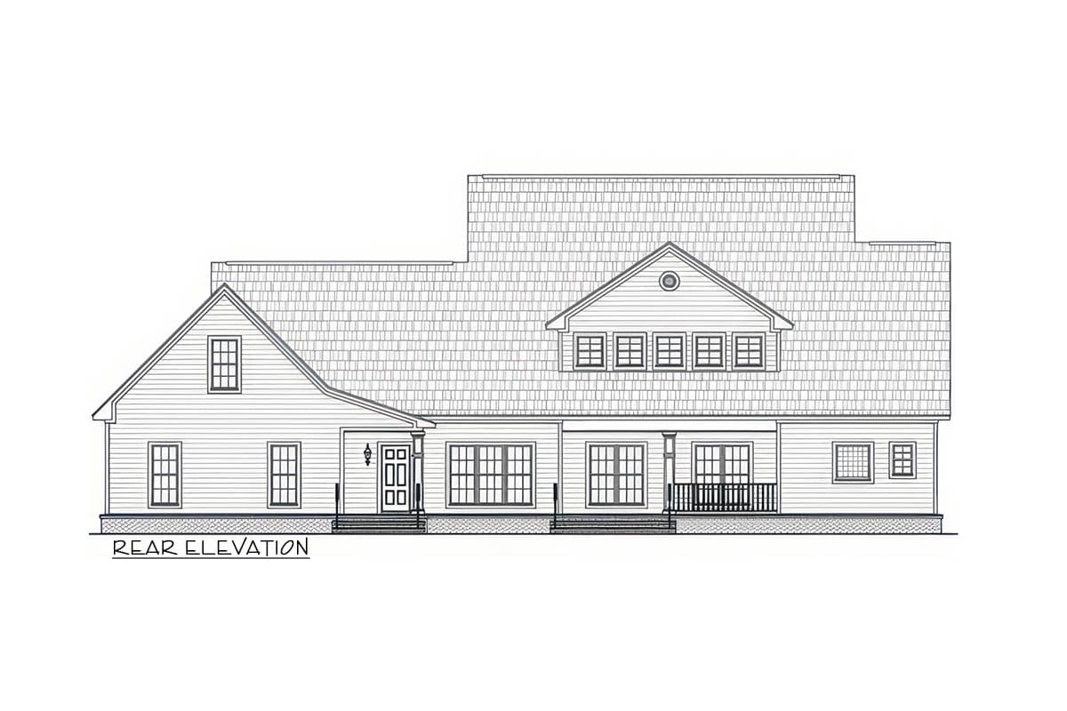 Rear elevation drawing of a two-story house plan with a prominent gable, multiple windows, and a covered porch.