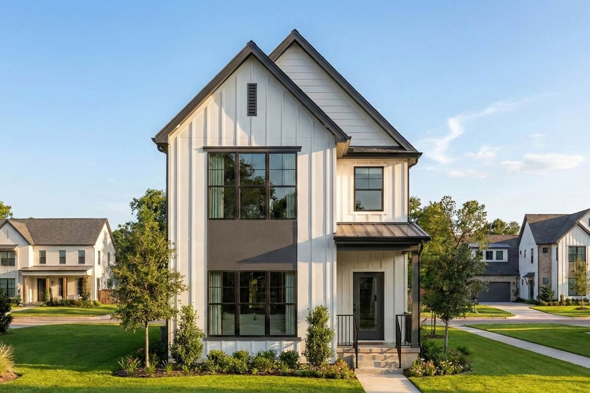 A modern, two-story house with white siding and black trim. Large windows and a small front porch add to the contemporary design, set on a green lawn.