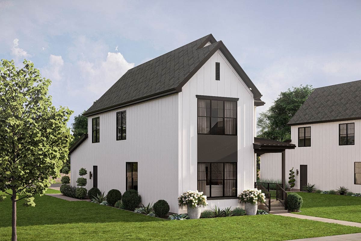 Modern Farmhouse house plan exterior with white board and batten siding, a gable roof, and dark-framed windows.
