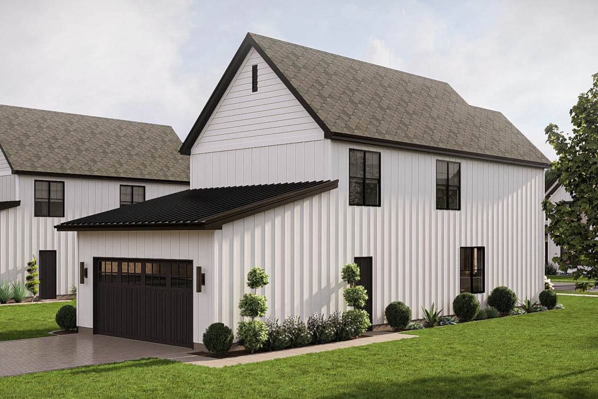Modern Farmhouse house plan exterior with white vertical siding, dark metal roof, two stories, and attached garage.