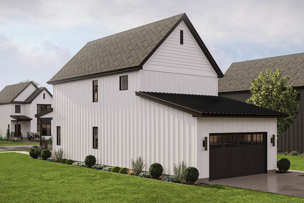 Modern Farmhouse house plan exterior with vertical siding, dark metal roof, and attached garage.
