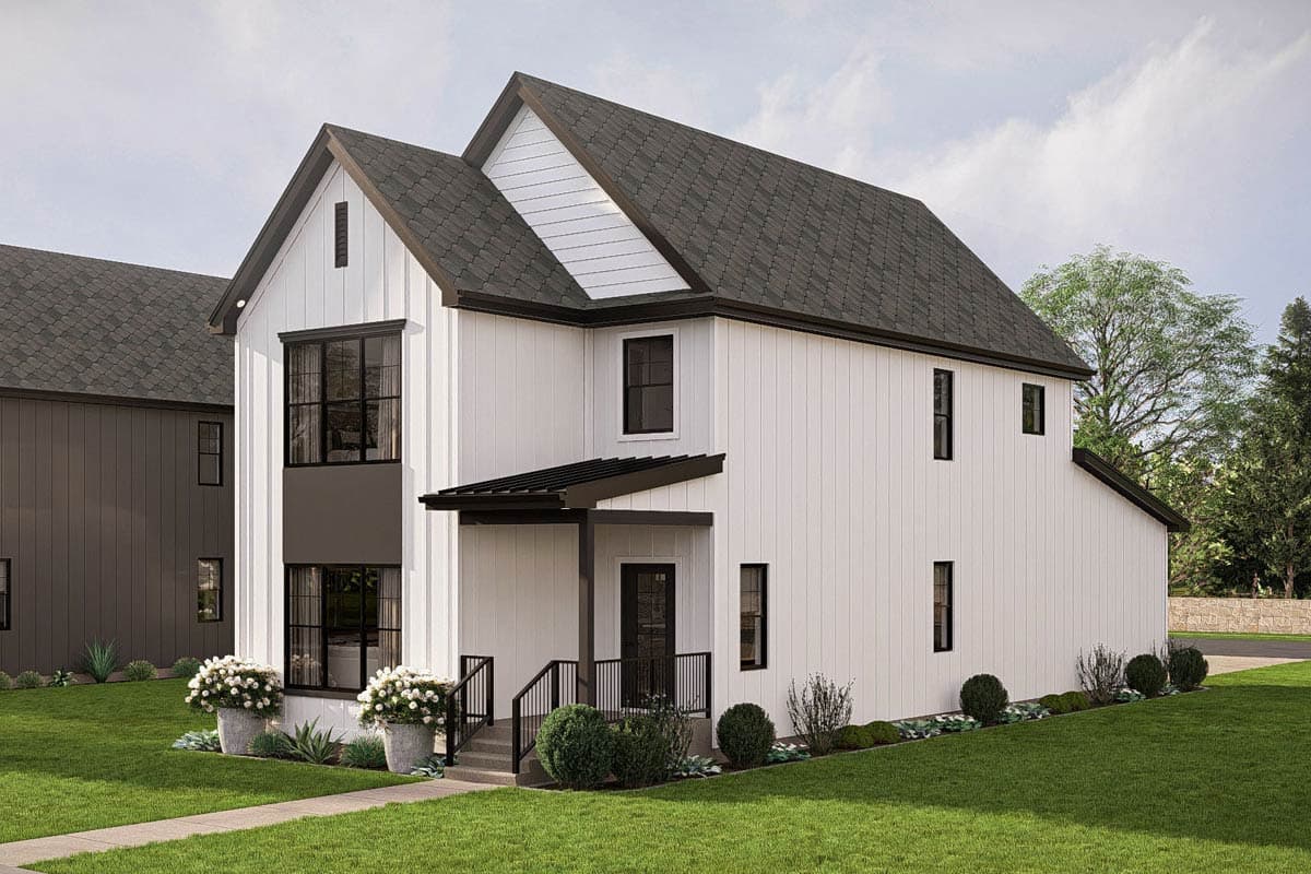 Modern farmhouse house plan exterior with white vertical siding, gables, dark windows, and covered front entry.