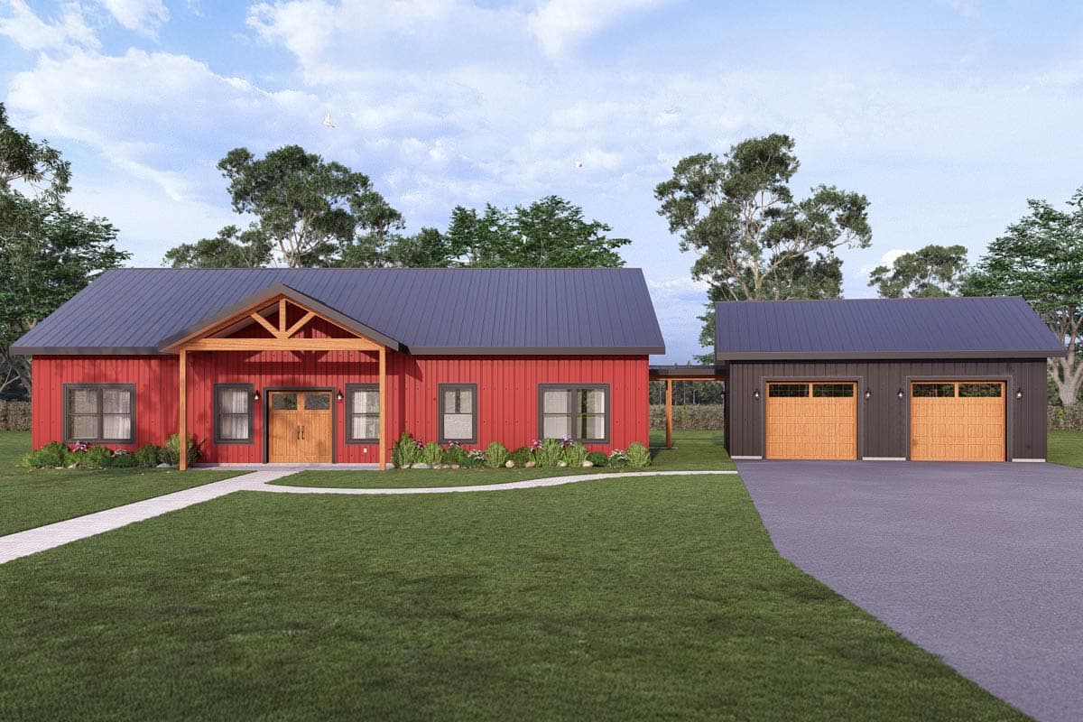 House plan exterior: Single-story Modern Farmhouse with covered entry, gable details and attached three-car garage.