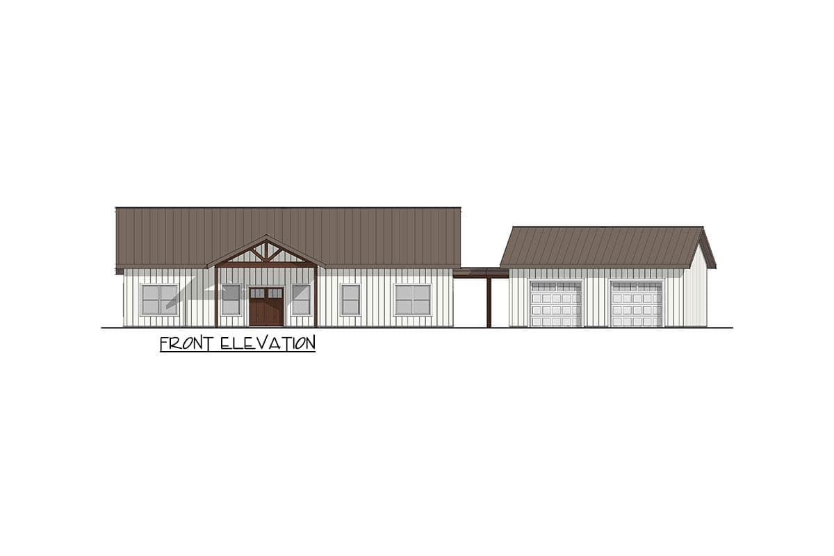 Front elevation drawing of a one-story house plan with a covered entry, gabled roof, and attached two-car garage.