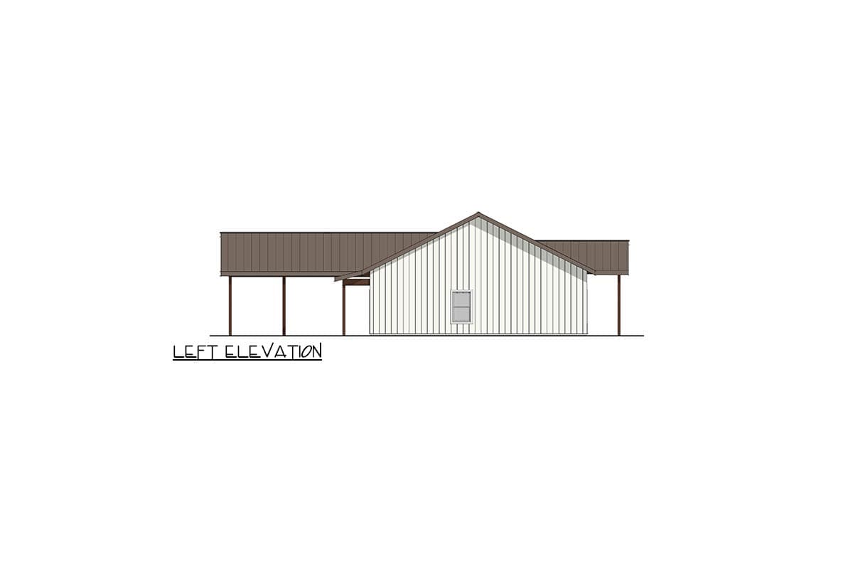 Left elevation drawing of a one-story house plan with a gable roof, vertical siding, and a covered porch.
