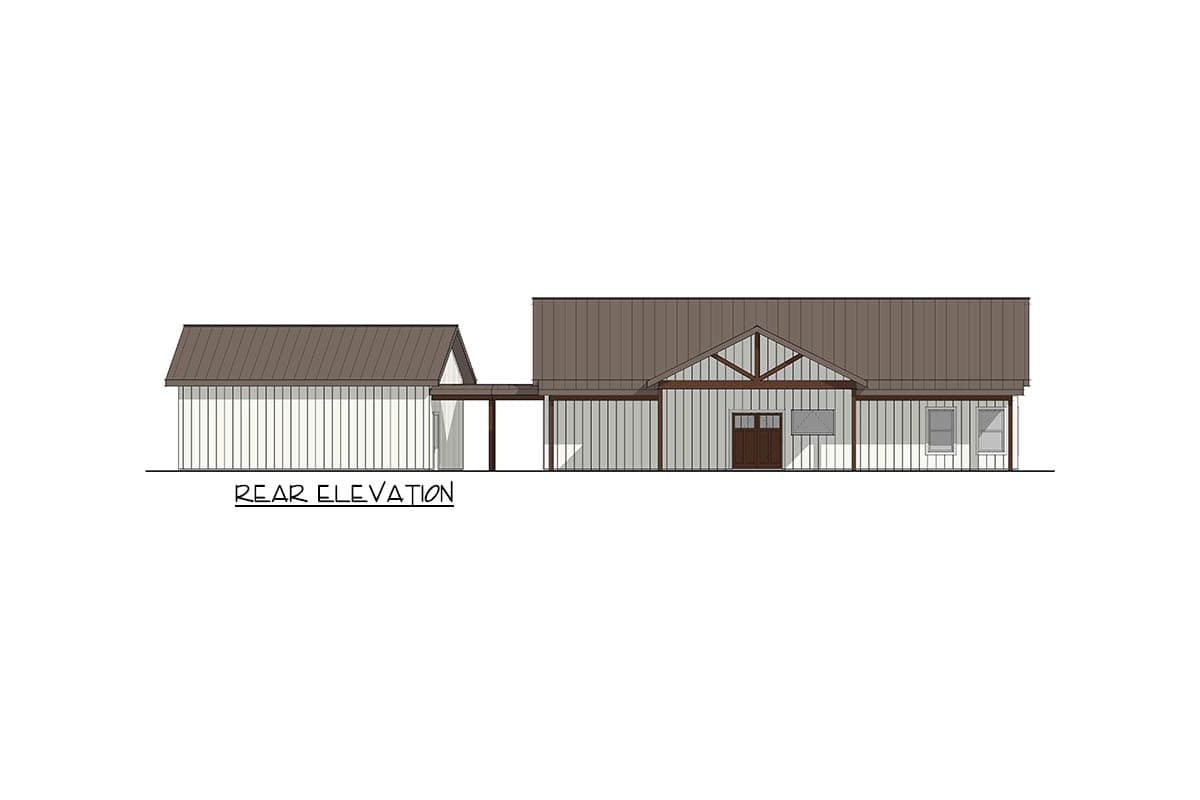 Rear elevation drawing of a house plan featuring a gable roof, vertical siding, and covered entryway.