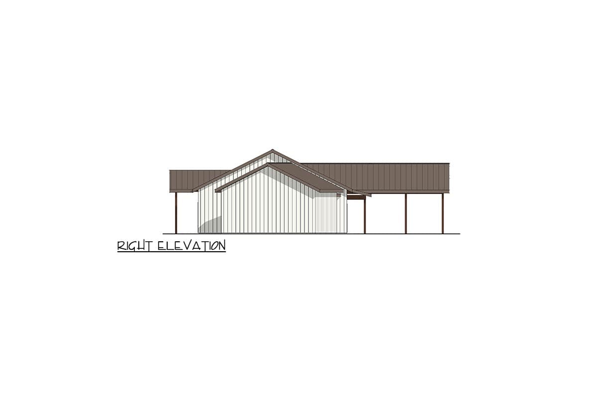 Right elevation drawing of a house plan featuring vertical siding, a multi-level roofline, and a covered patio area.