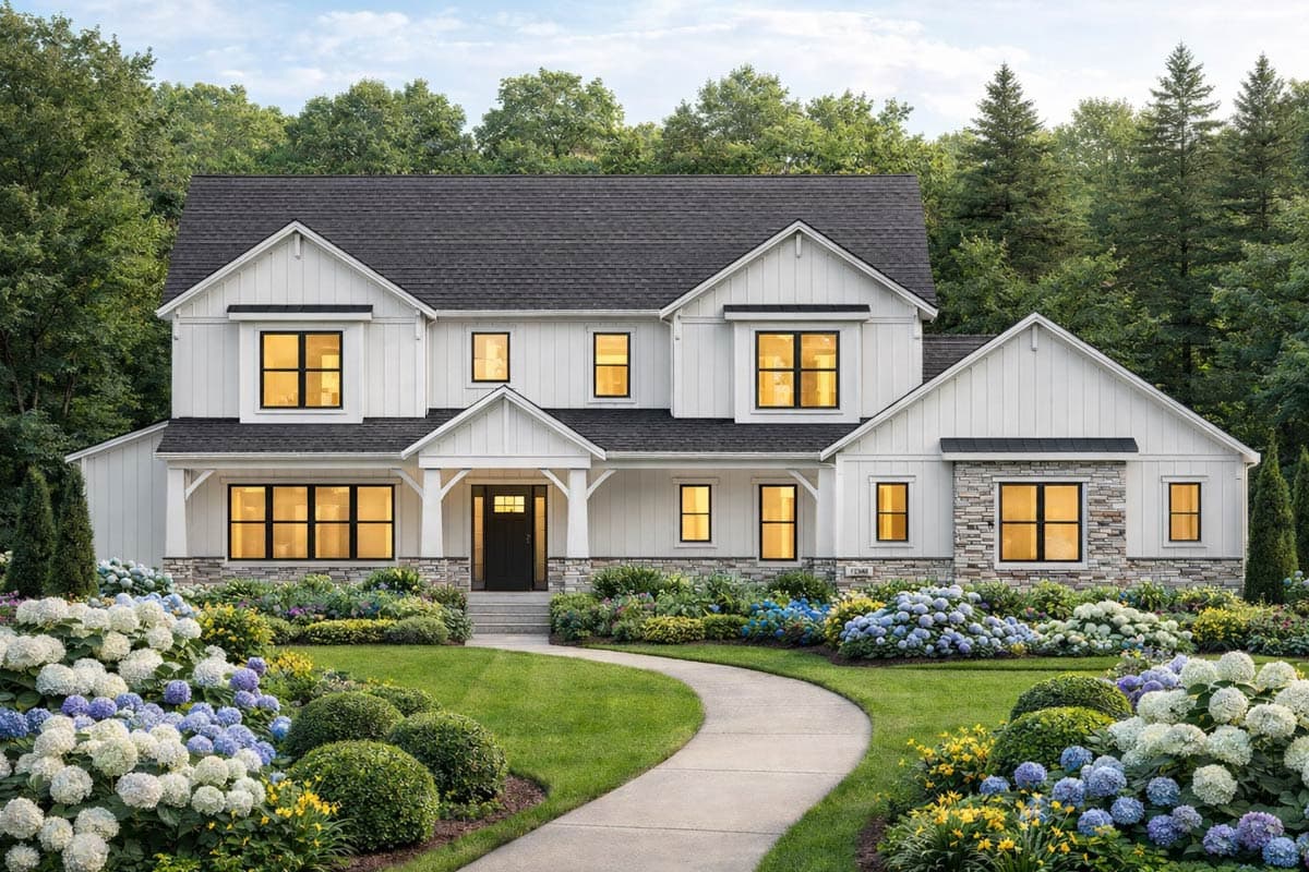 A two-story white farmhouse with dark trim and windows. A curved walkway leads to the entrance framed by a lush garden of hydrangeas.