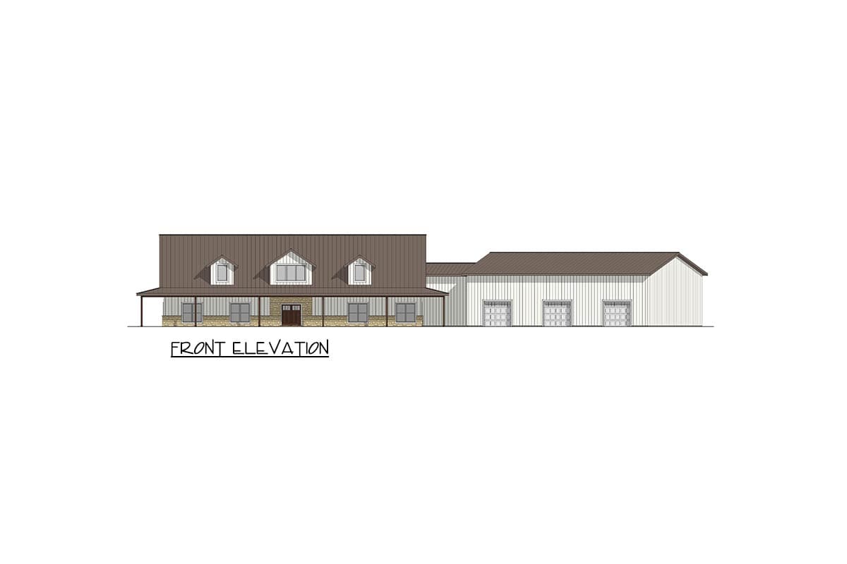 Front elevation of a house plan with a wraparound porch, dormers, and attached garage bays.