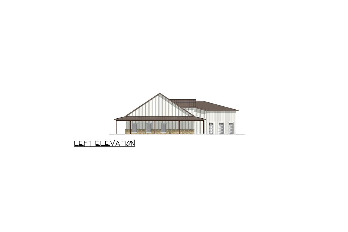 Left elevation of a house plan featuring a deep front porch with stone skirting and a metal gable roof.