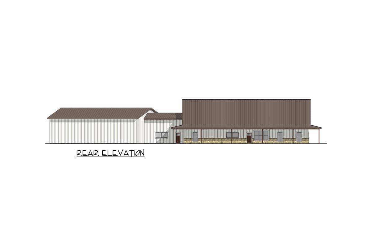Rear elevation drawing of a house plan featuring a covered porch, metal roof, and vertical siding.