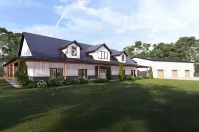 Spacious Barndominium House Plan with Wrap-Around Porch and Angled 3-Car Garage