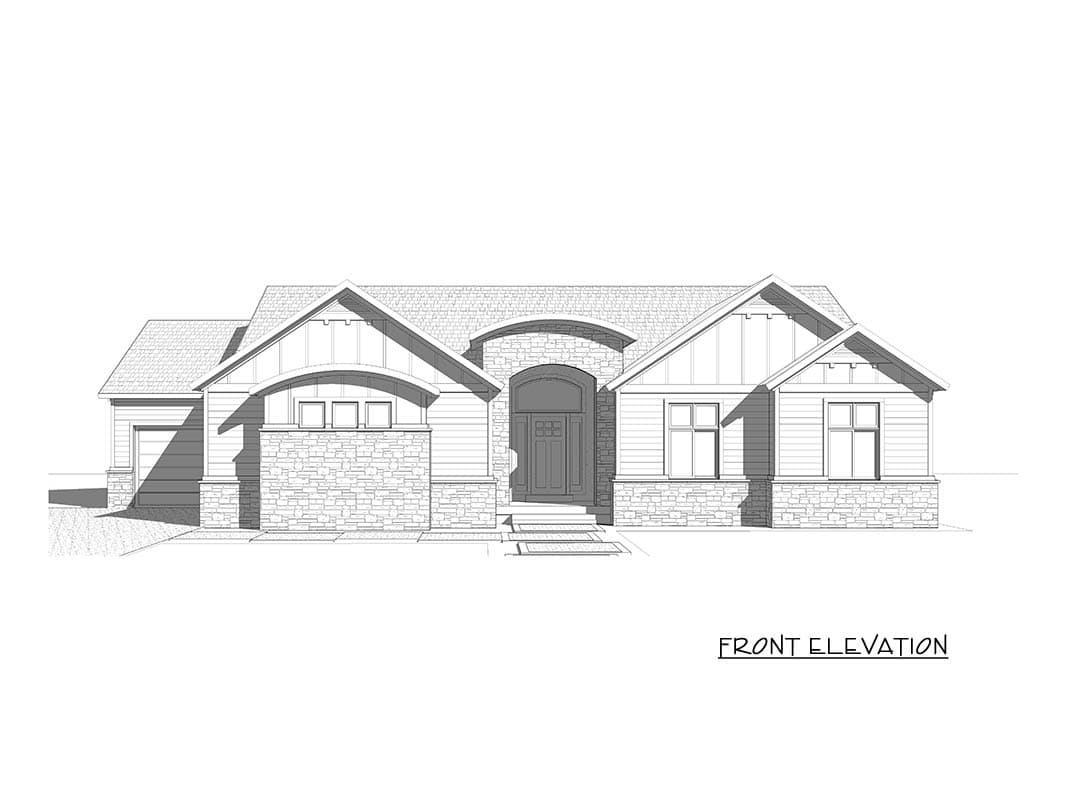 Front elevation drawing of a one-story house plan with a gabled roof, arched entry, stone base, and side garage.