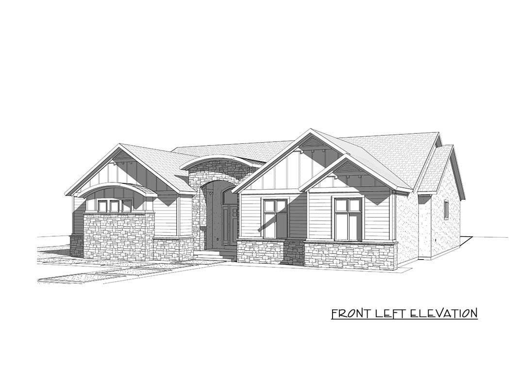 Front left elevation of a one-story house with stone and siding, gabled dormers, and arched entryway.