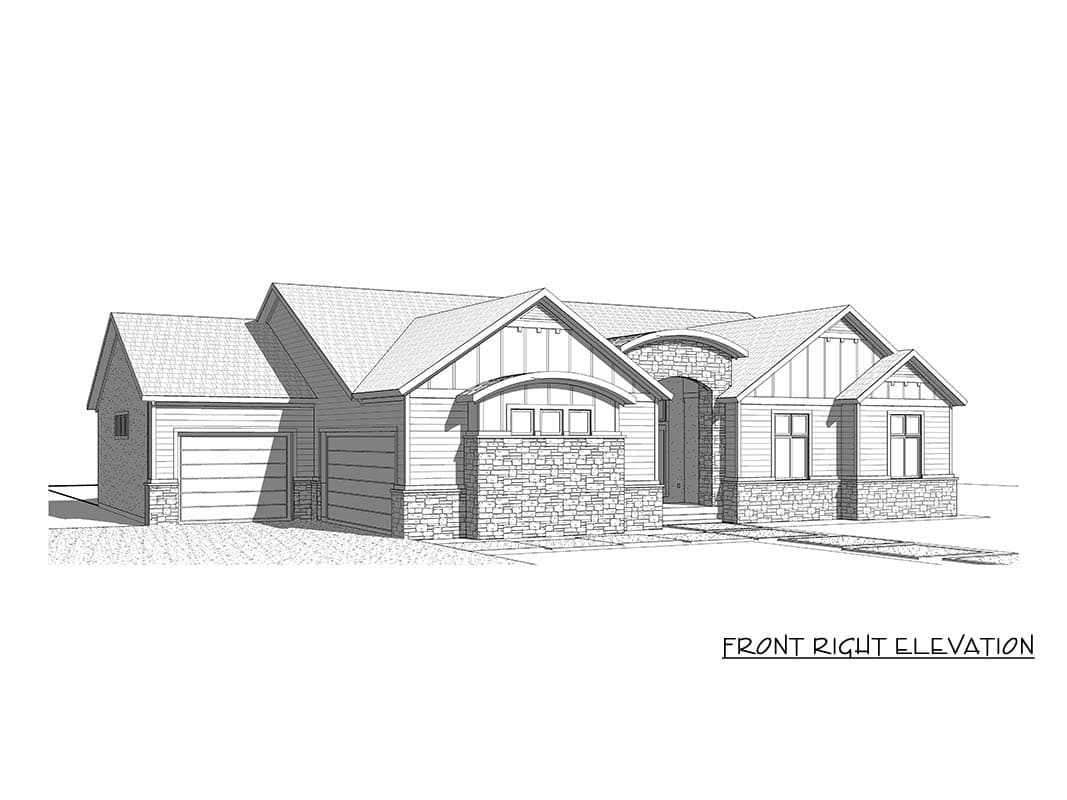 House plan front right elevation showing a single-story home with a three-car garage, stone accents, gables, and an arched entryway.
