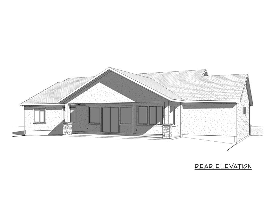 Rear elevation of a single-story house plan with a covered patio, gabled roof, and stone-accented columns.