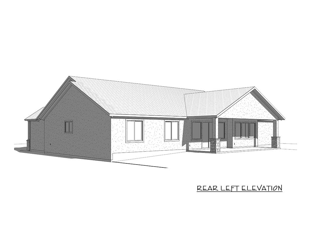 Rear left elevation of a single-story house plan with gabled roofs, multiple windows, and a covered patio supported by stone columns.