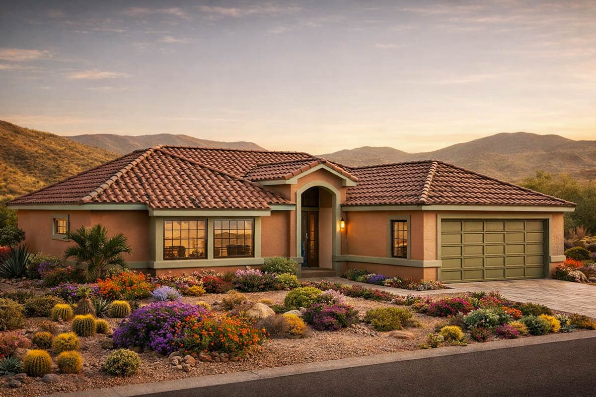 House plan exterior: single-story stucco home with arched entryway, tile roof, and attached garage.