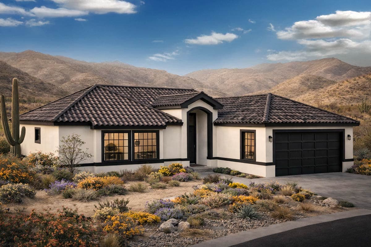 A modern, single-story home with a dark-tiled roof and black trim sits against a backdrop of desert mountains and a bright blue sky.