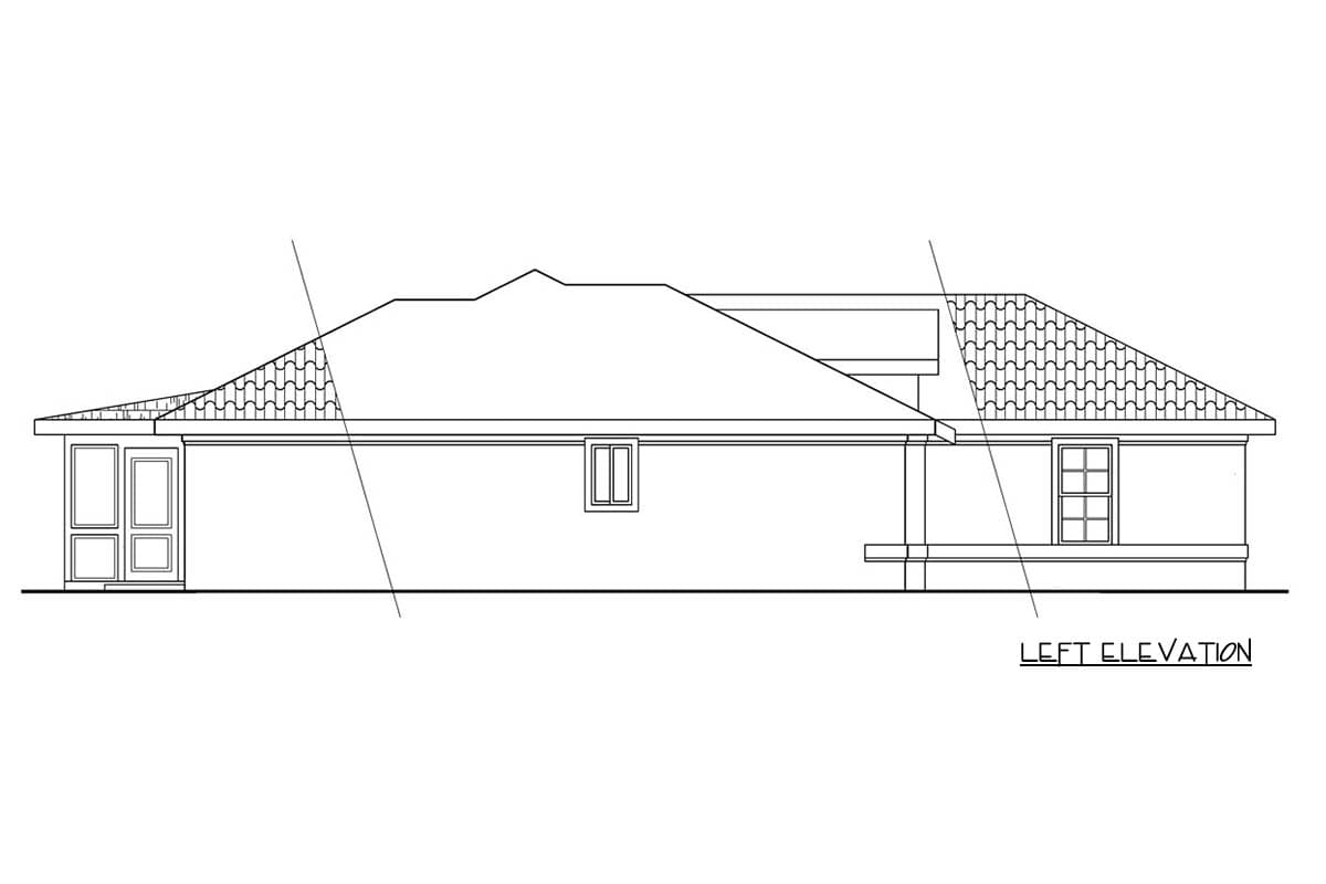 Left elevation of a house plan showing a hip roof with tile, a covered entry with double doors, and a single window.