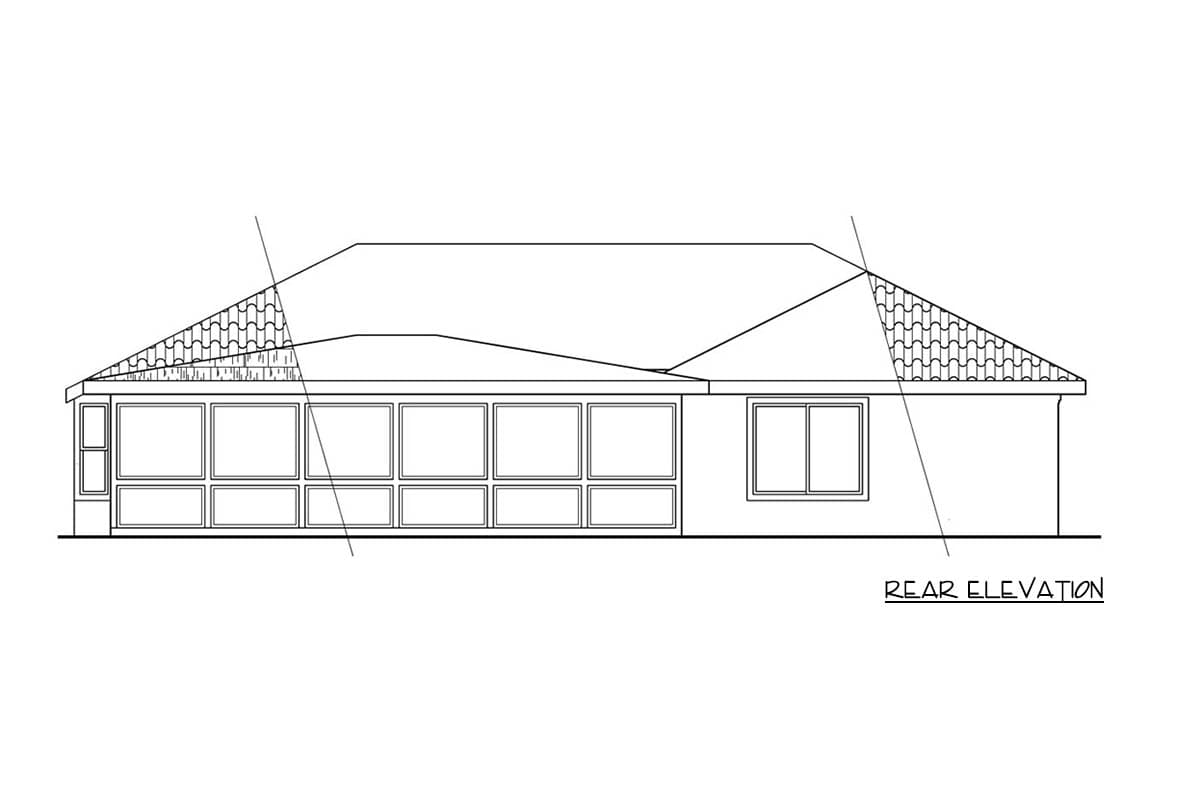 Rear elevation drawing of a house plan with a sunroom featuring a long bank of windows and a gable end with tile texture.