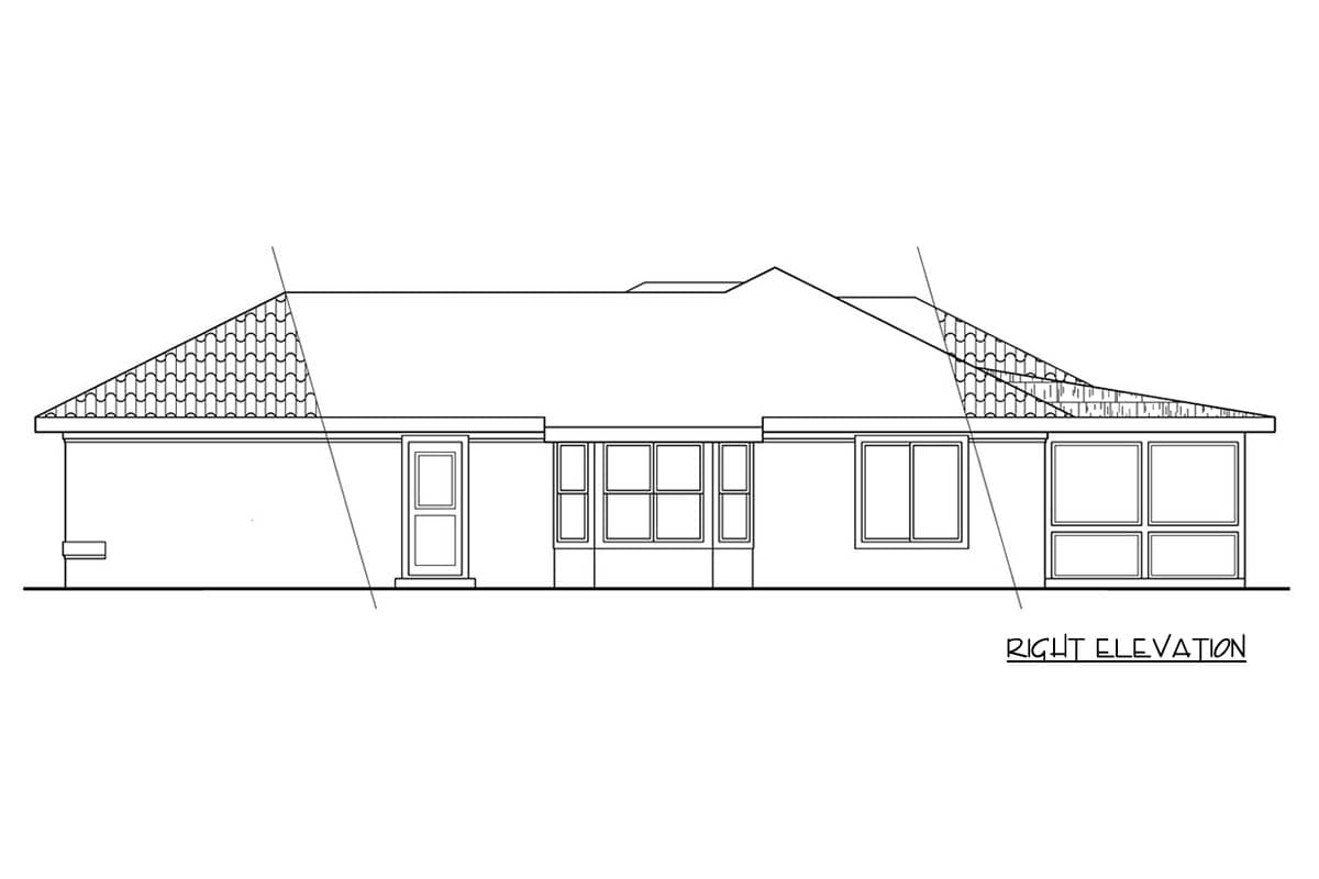 Right elevation drawing of a one-story house plan with tiled roof, single door, bay window, and sunroom.