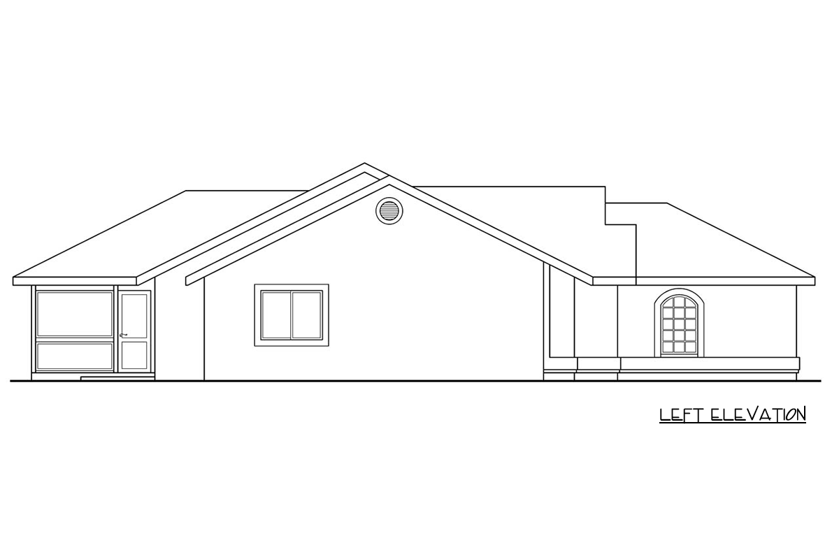 Left elevation house plan shows a single-story home with a covered porch, gable, and arched window.