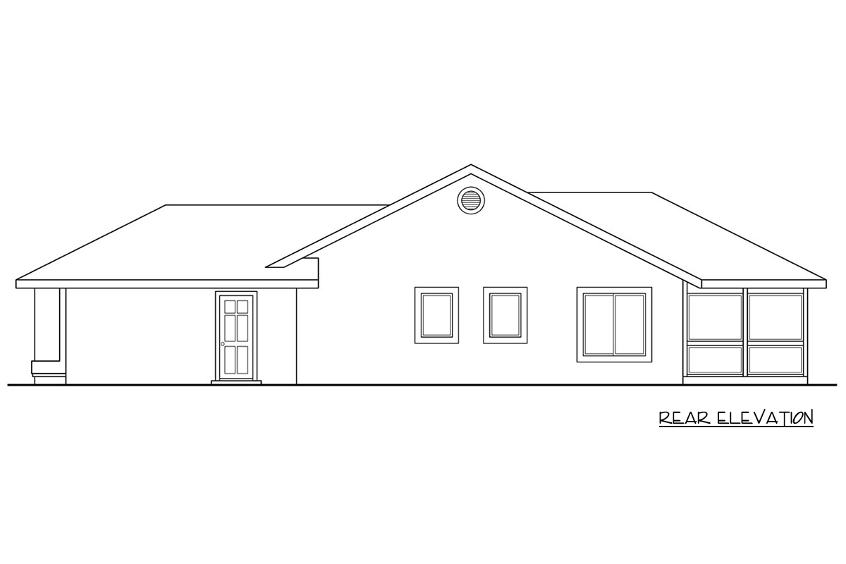 Rear elevation of a single-story house plan featuring a covered porch, a central gable with vent, and a sunroom.