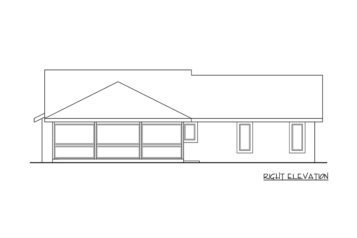 Right elevation of a house plan featuring a gabled roof, a long screened porch with multiple windows, and three rectangular windows on the side.