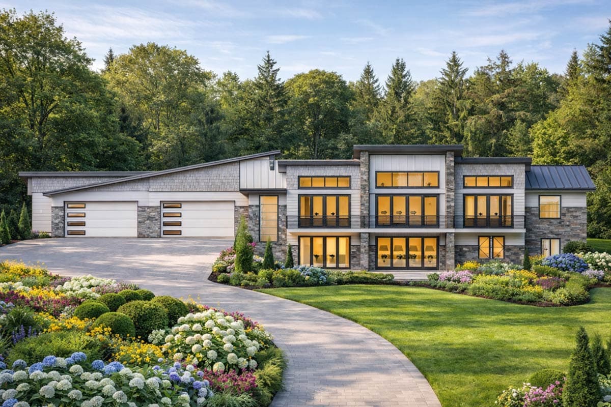 A modern, multi-story home with a stone and wood exterior is seen with manicured landscaping, a winding driveway, and a forested backdrop.
