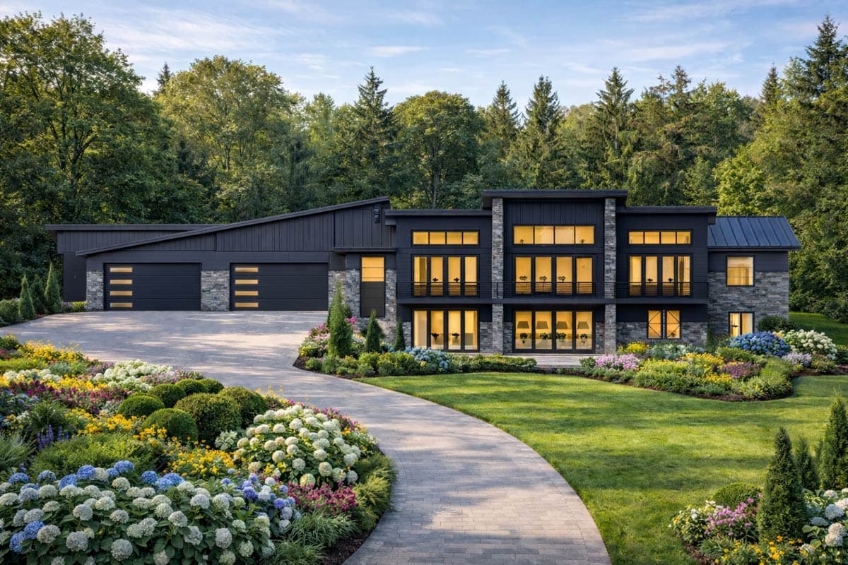 Modern house plan exterior with multiple stories, dark siding, stone accents, large windows, and a three-car garage.