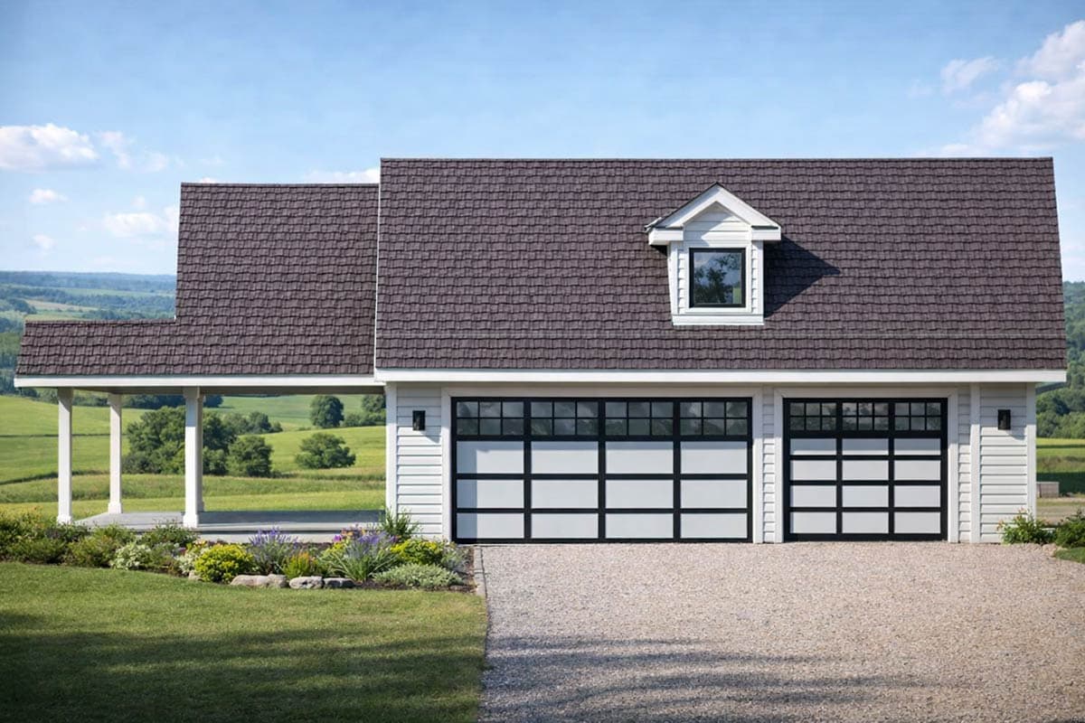 A two-bay garage with black-framed, frosted glass doors. The white exterior has a covered porch to the left and is set against a green landscape.