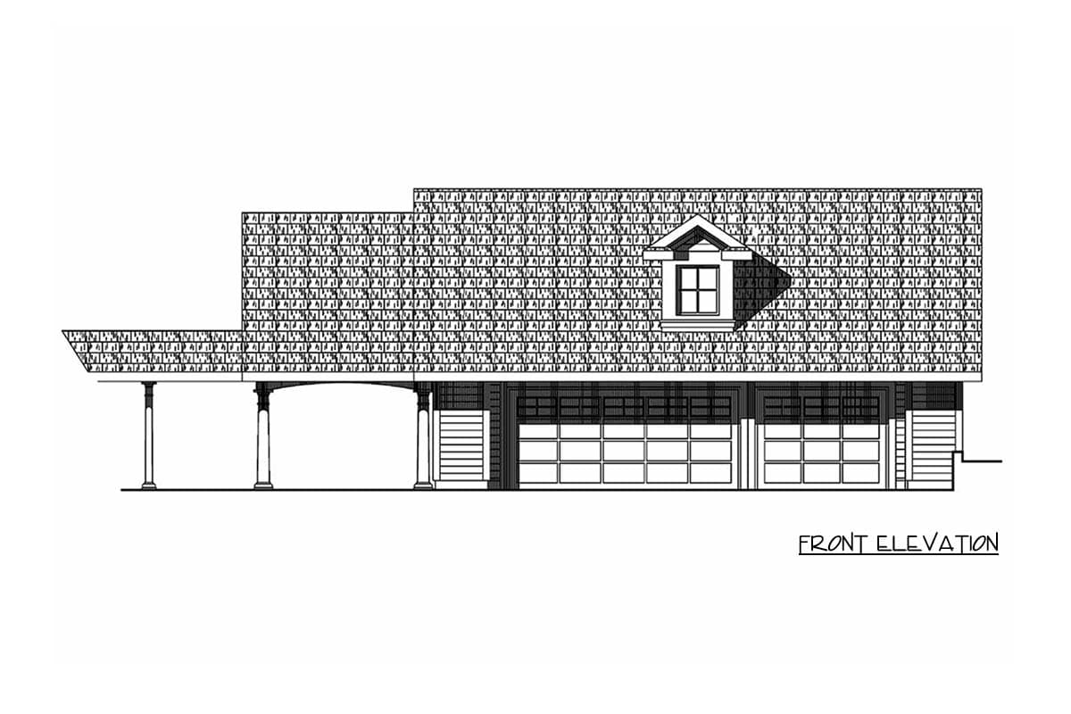 Front elevation drawing of a house plan with a covered carport, three garage doors, and a dormer window.
