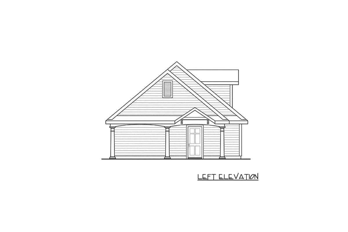 Left elevation house plan with gabled roof, covered porch, and dormer window.