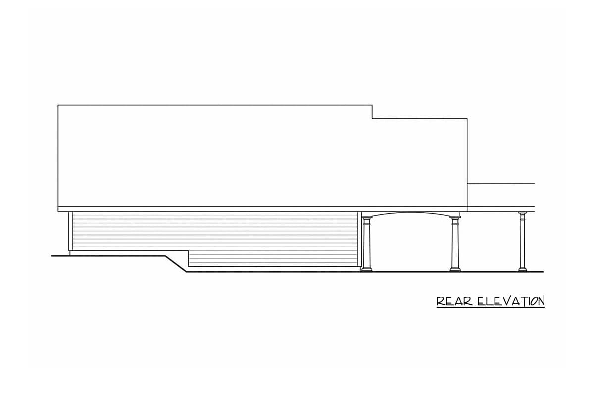 Rear elevation drawing of a house plan featuring horizontal siding, an arched covered entryway, and columns.