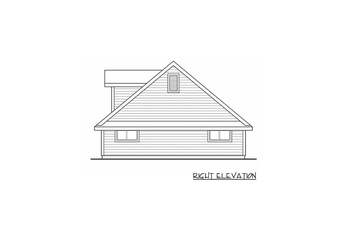 Right elevation house plan drawing showing siding, gable roof, dormer window, and two double-hung windows.
