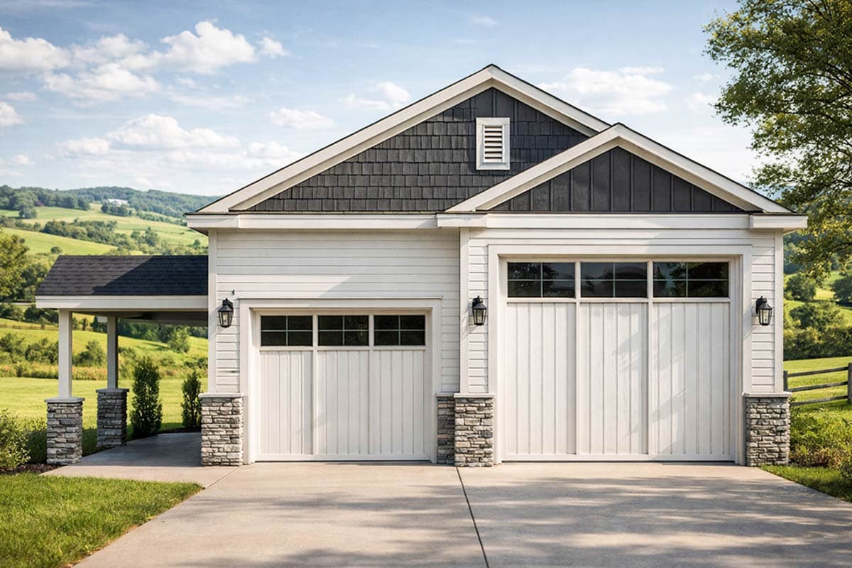 A two-car garage with white siding, stone accents, and a dark shingle roof, set against a backdrop of rolling green hills under a partly cloudy sky.
