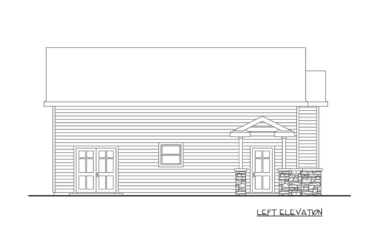 Left elevation house plan with double doors, a single window, and a covered entry with stone-clad columns.