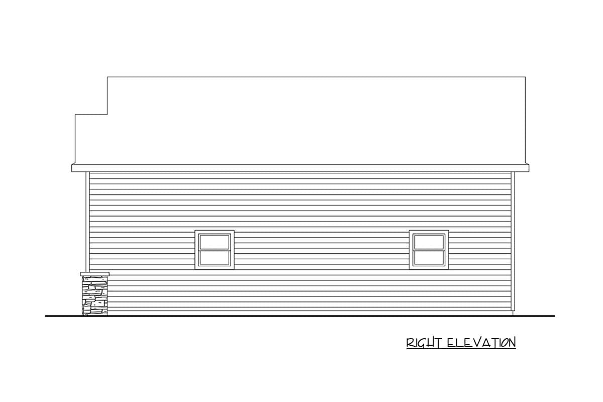 Right elevation drawing of a house with horizontal siding, two windows, and a stone accent base.