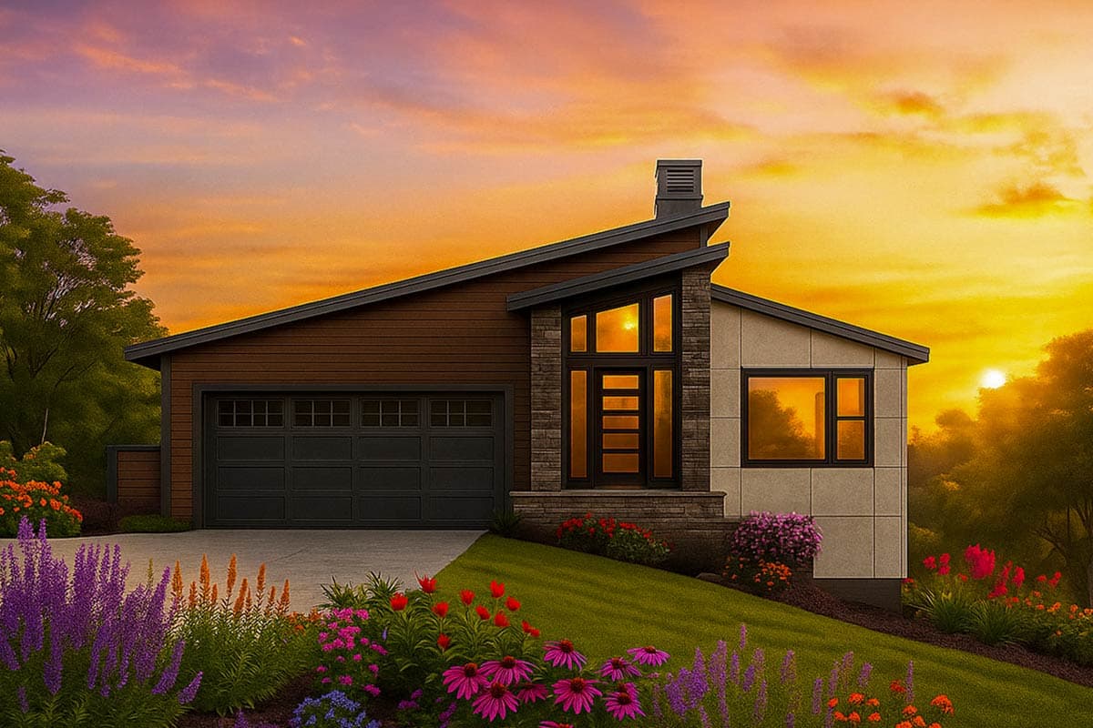 Modern house plan exterior with a two-car garage, angled roofline, large vertical window, and stone accent.