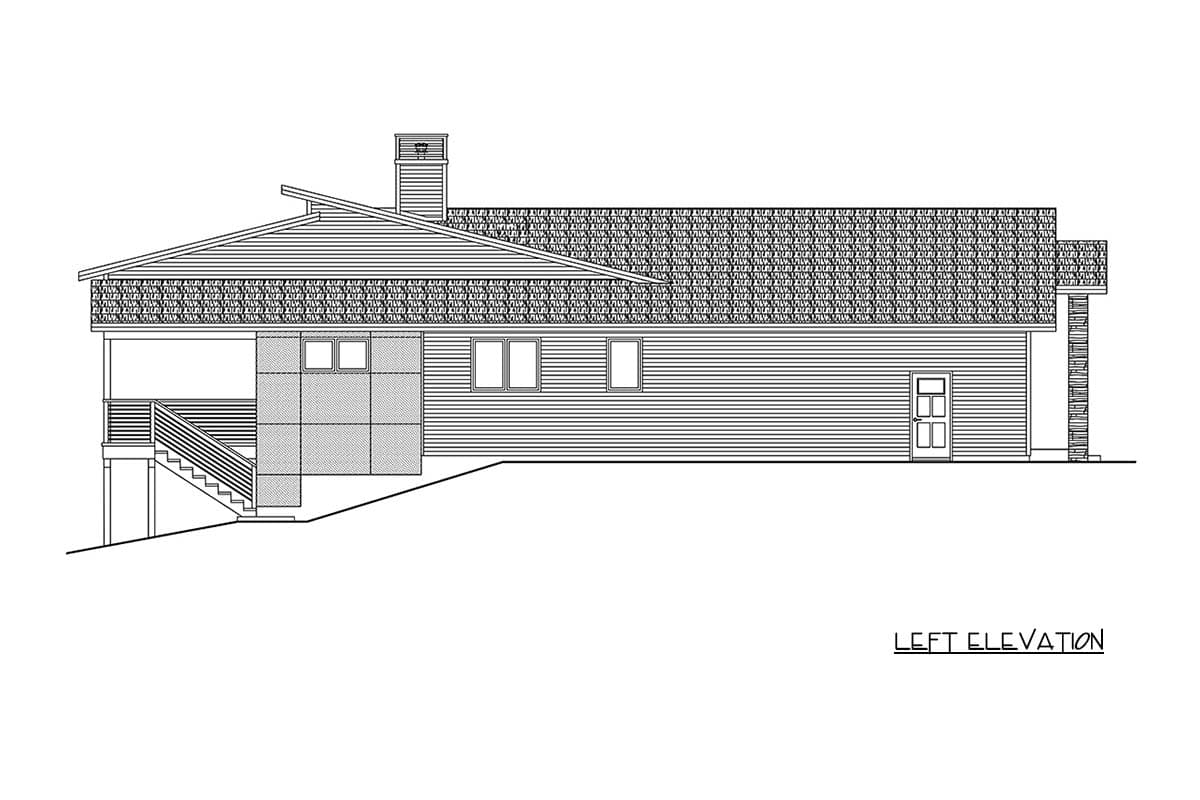 Left elevation drawing of a house plan with a pitched roof, chimney, horizontal siding, and a covered porch with stairs.