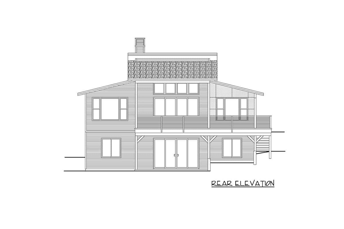 Rear elevation drawing of a two-story house with a deck, large windows, and a chimney.