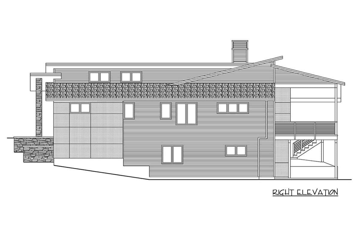 Right elevation drawing of a house plan with multi-level rooflines, varied window arrangements, stone foundation, and a covered deck.