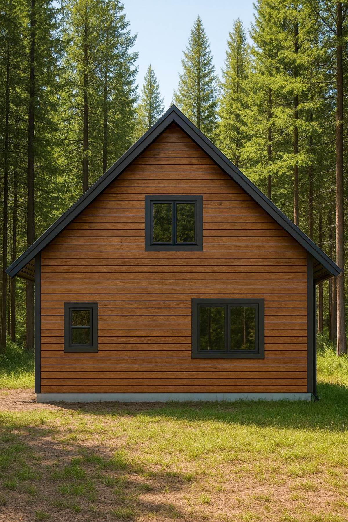 House plan exterior: Two-story modern cabin with horizontal wood siding, a dark gable roof, and three dark-framed windows.