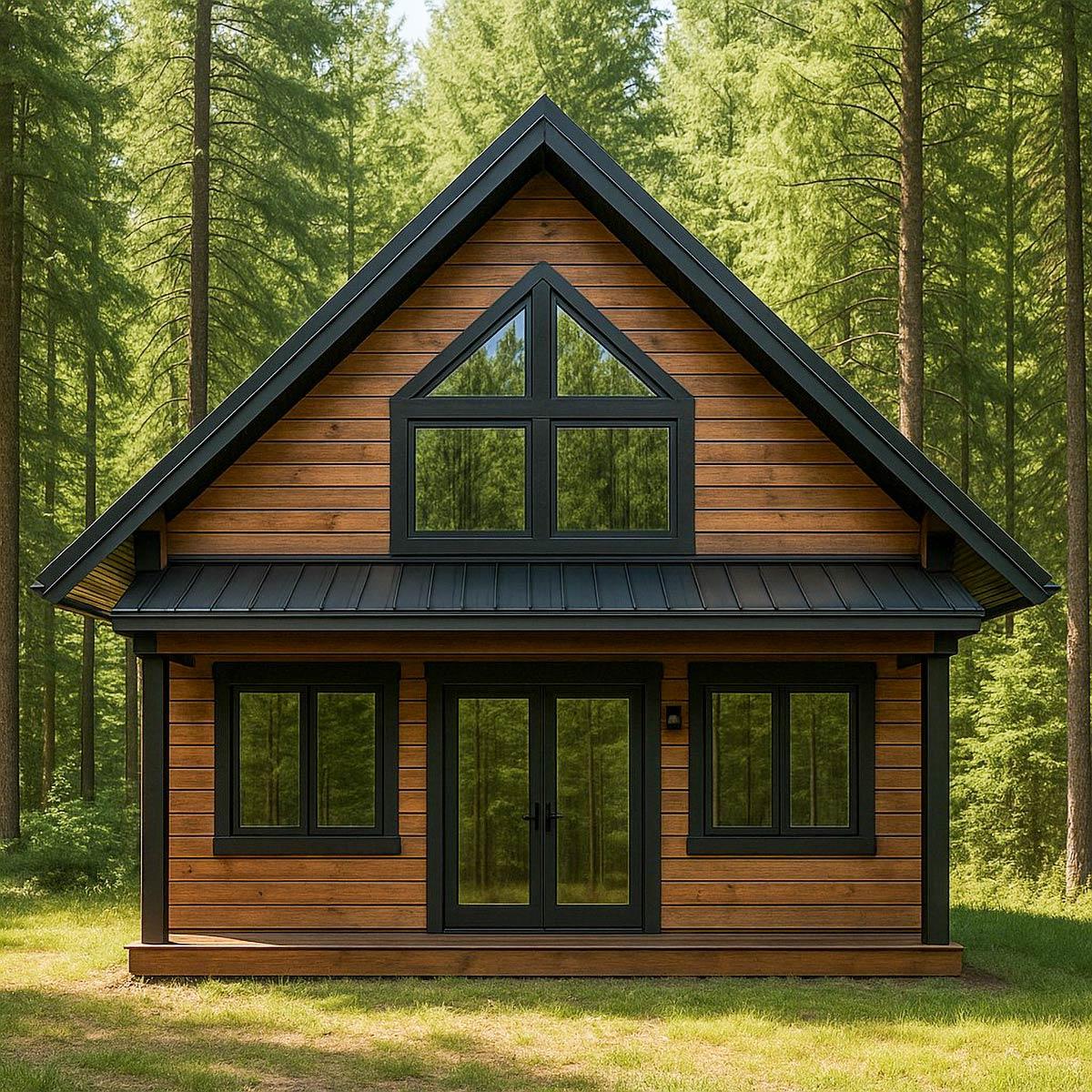 House plan exterior: One-story cabin with wood siding, a pitched roof, triangular gable window, and double glass doors.