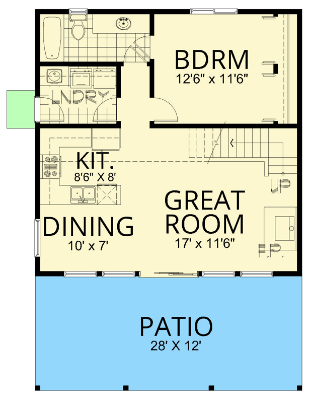 Plan 267099SPK: Cottage House Plan with Vaulted Loft and Patio - Floor Plan - Main Level - Cabin, Cottage