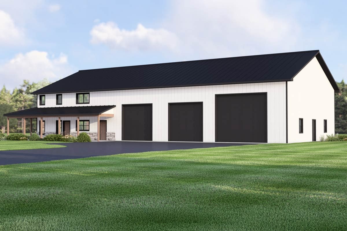 House plan exterior: Two-story Modern Farmhouse with a covered porch, stone accents, and a three-bay garage.